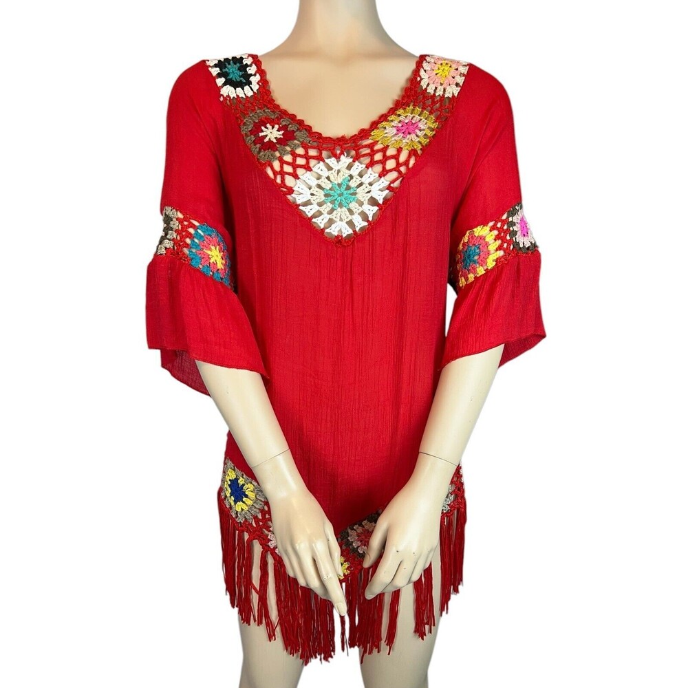 Dasayo Boho V-Neck Red Crochet Trim Swim Cover-up Size M Boho Grandmacore
